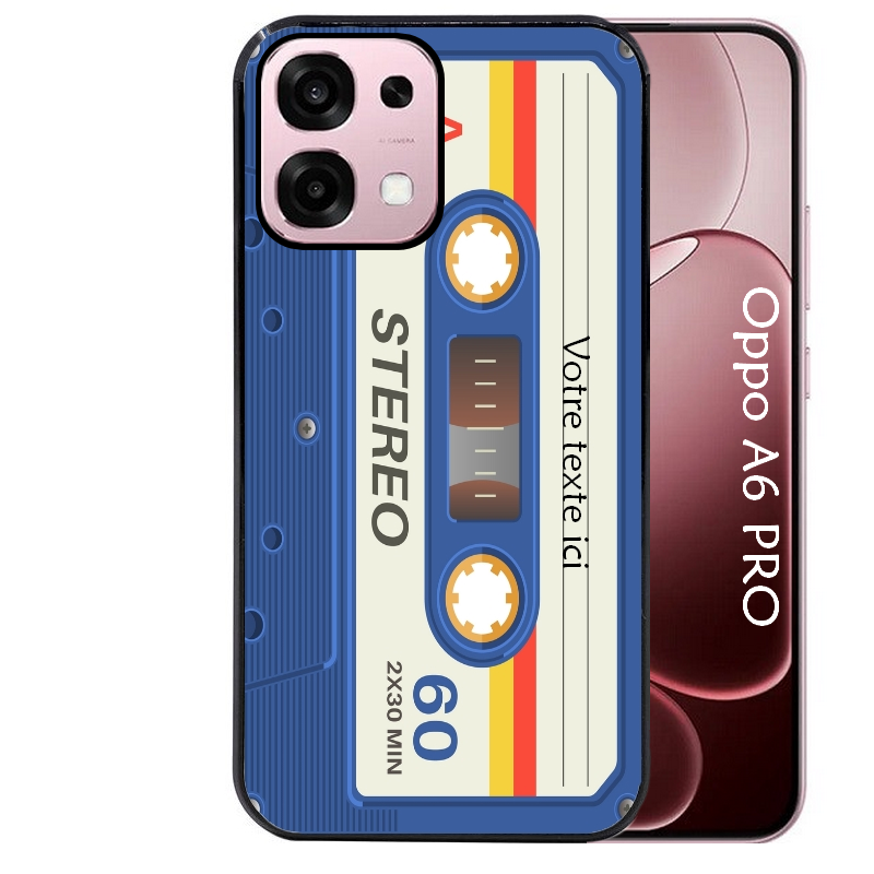 Coque noire taperso pour OPPO A6 PRO 4G et 5G personnalisable avec motif cassette bleu protection antichoc personnalisée
