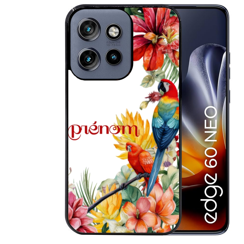 Coque noire taperso pour Moto Edge 60 et Neo Fusion Pro avec motif perroquet personnalisee protection antichoc personnalisée