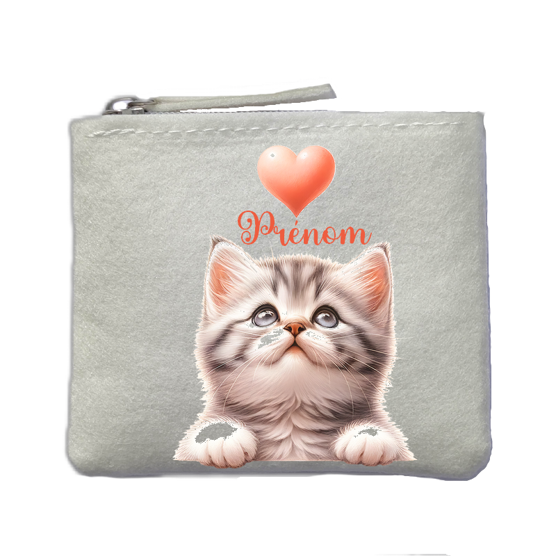 Porte monnaie personnalisé chat coeur ivoire en feutrine en feutrine ivoire