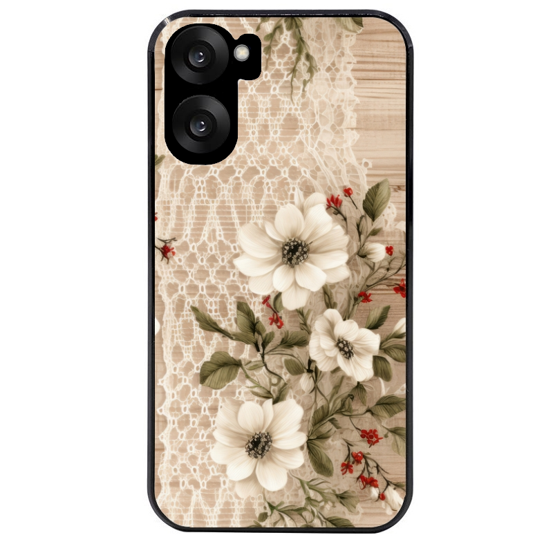 Coque noire taperso pour OnePlus Nord CE5 avec motif bois et dentelle 2 protection antichoc personnalisée