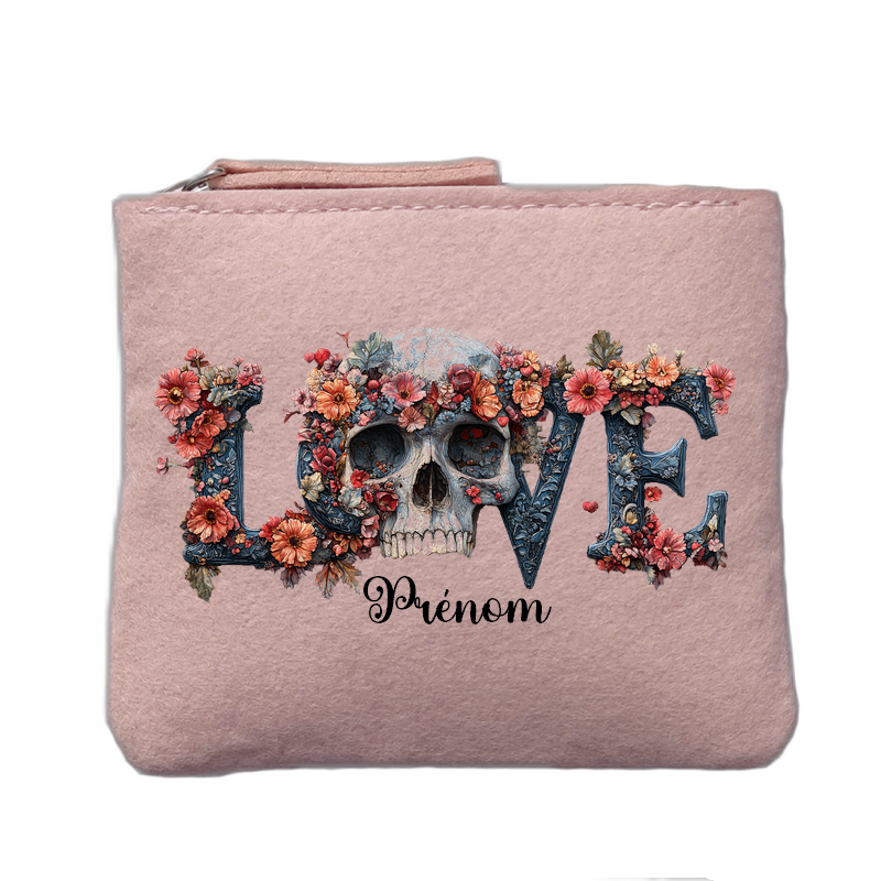 Porte monnaie personnalisé motif tete de mort love rose clair en feutrine en feutrine