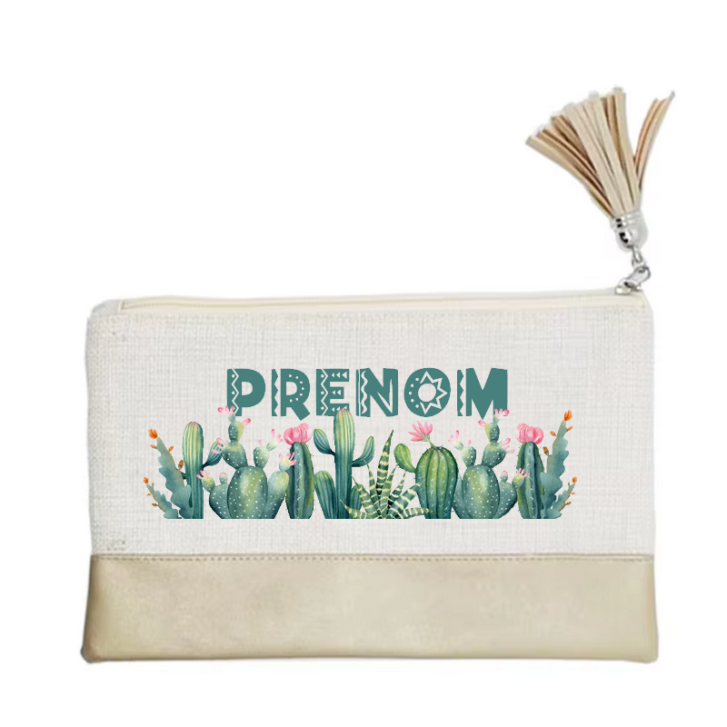 Pochette personnalisée motif cactus succulent en toile et simili cuir personnalisée