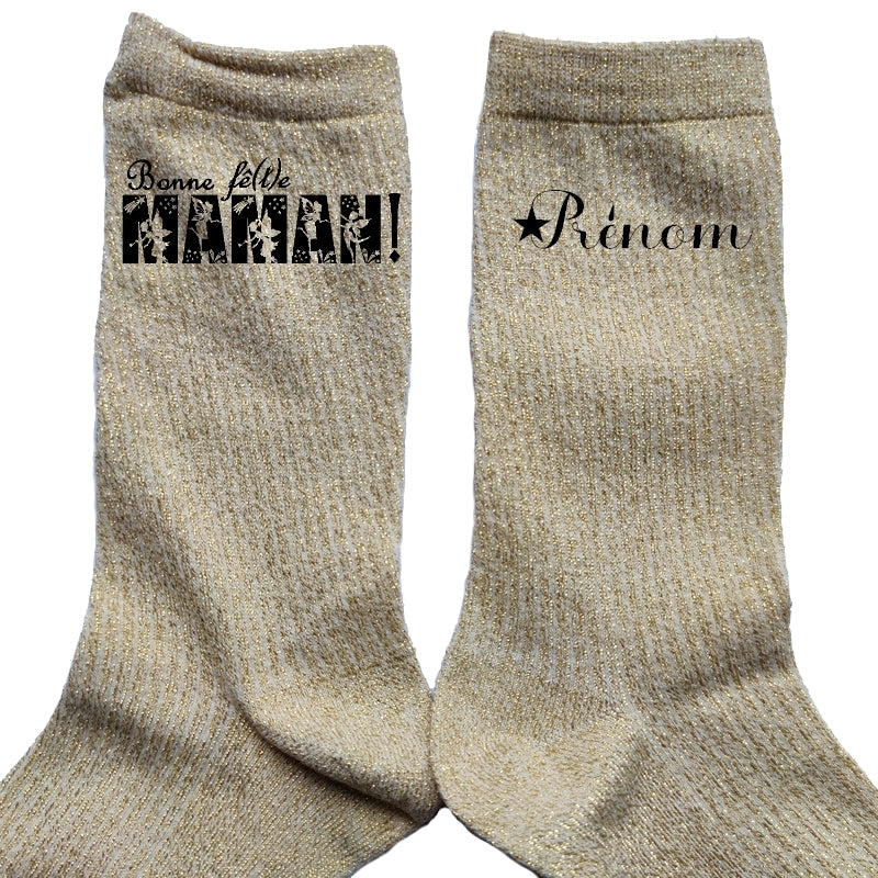 Chaussettes personnalisée paillettes doré motif bonne fëte maman