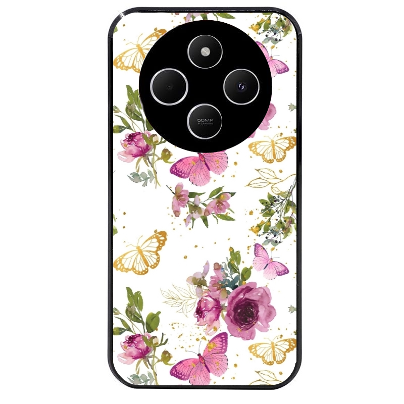 Coque noire taperso pour POCO C75 avec motif fleur et papillon protection antichoc personnalisée