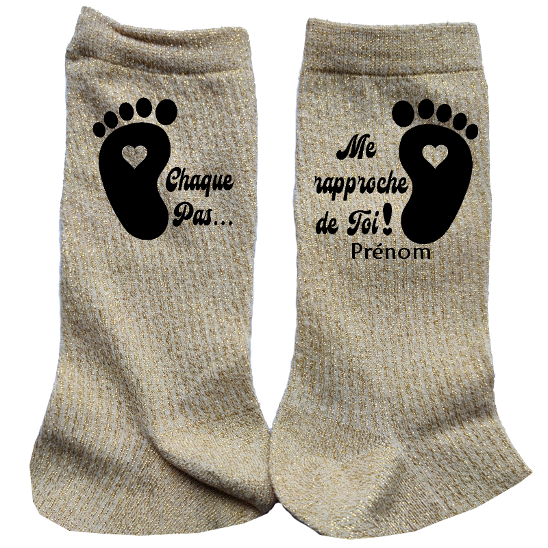 Chaussettes personnalisées paillettes doré motif chaque pas valentin