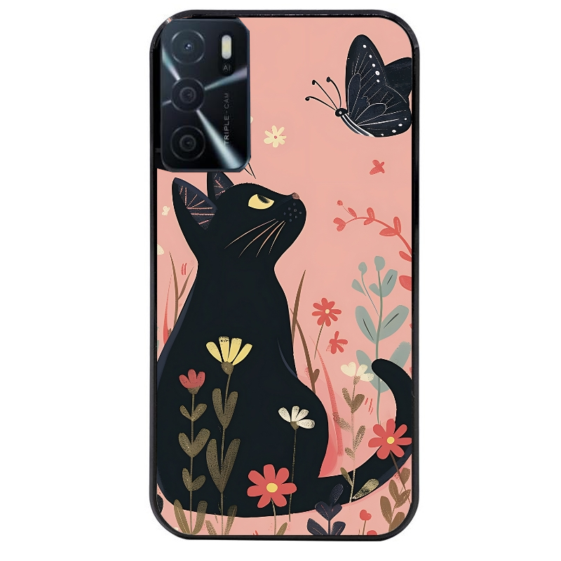 Coque noire taperso pour OPPO A16 et A16S avec motif chat papillon 2 protection antichoc personnalisée