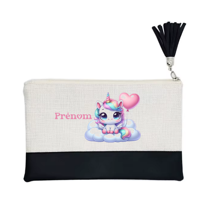 Pochette personnalisée motif licorne nuage en toile et simili cuir personnalisée