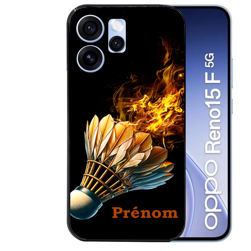 Coque noire taperso pour OPPO Reno 15 et F FS 5G avec motif badminton flamme personnalise protection antichoc personnalisée