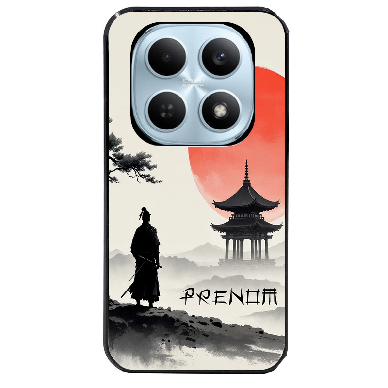 Coque noire taperso pour POCO M8 5G et PRO 5G avec motif samourai et temple personnalisee protection antichoc personnalisée