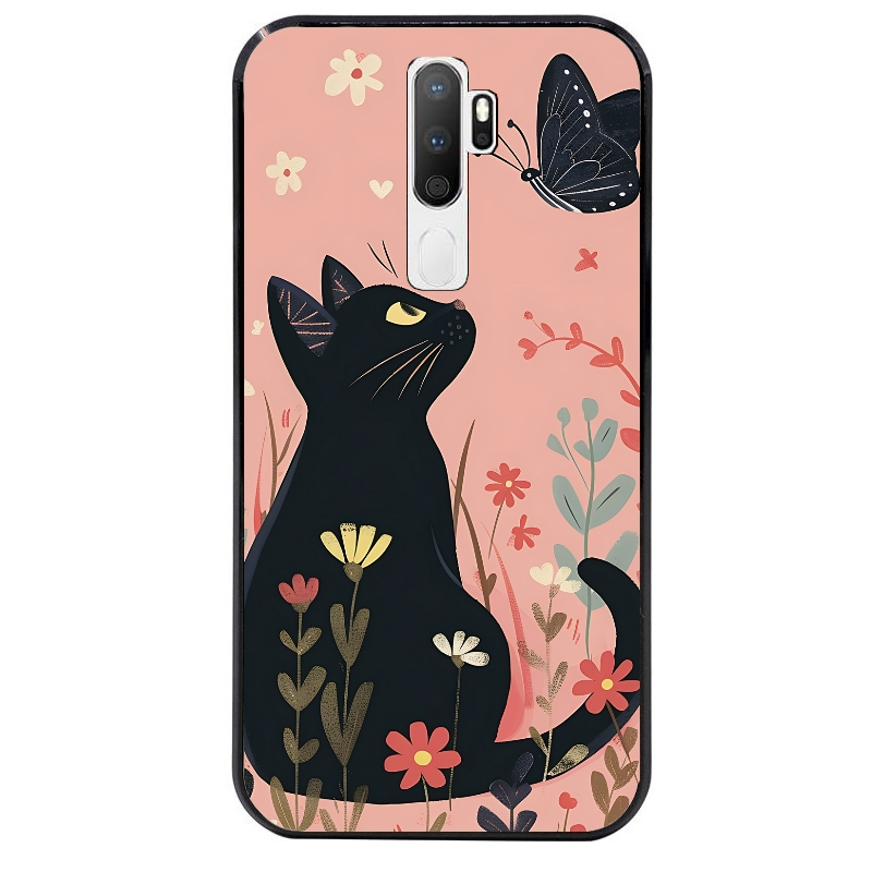 Coque noire taperso pour OPPO A5 A9 2020 avec motif chat papillon 2 protection antichoc personnalisée