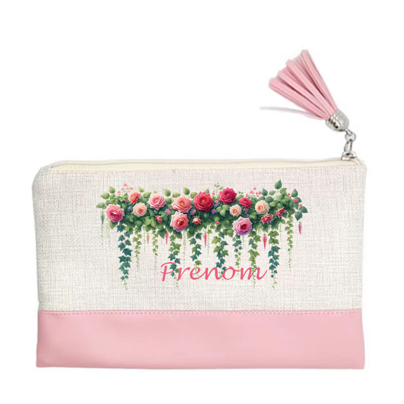 Pochette personnalisée motif fleur jardin en toile et simili cuir personnalisée