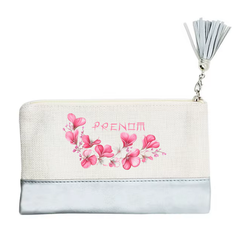 Pochette personnalisée motif fleur cerisier en toile et simili cuir personnalisée