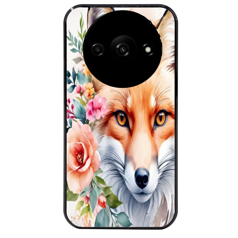 Coque noire taperso pour Redmi A3 avec motif renard fox et fleurs protection antichoc personnalisée