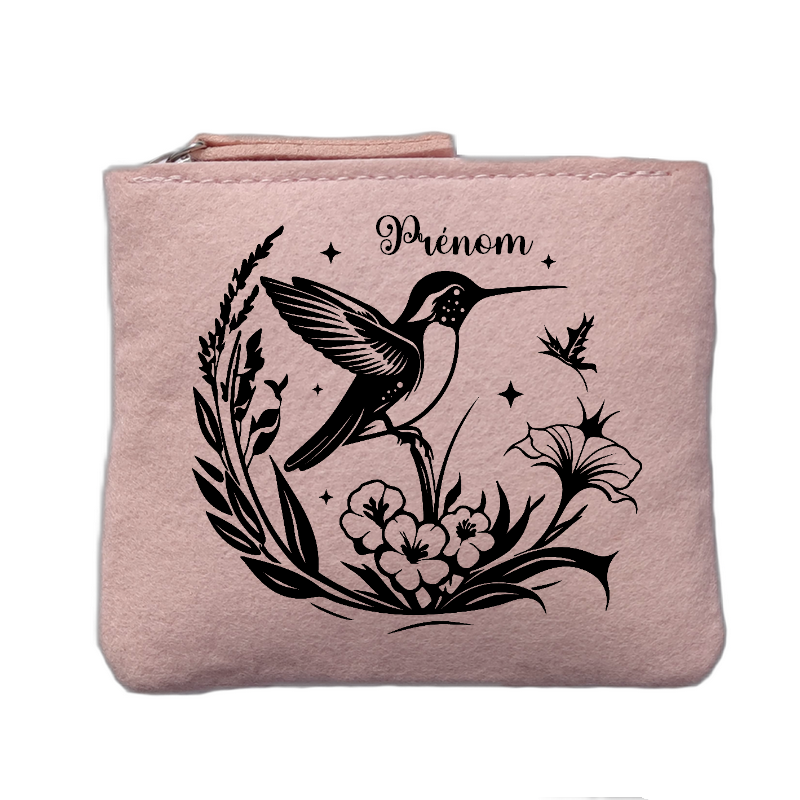 Porte monnaie personnalisé motif colibri line art rose clair en feutrine en feutrine