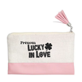 Pochette personnalisée motif love luck en toile et simili cuir personnalisée