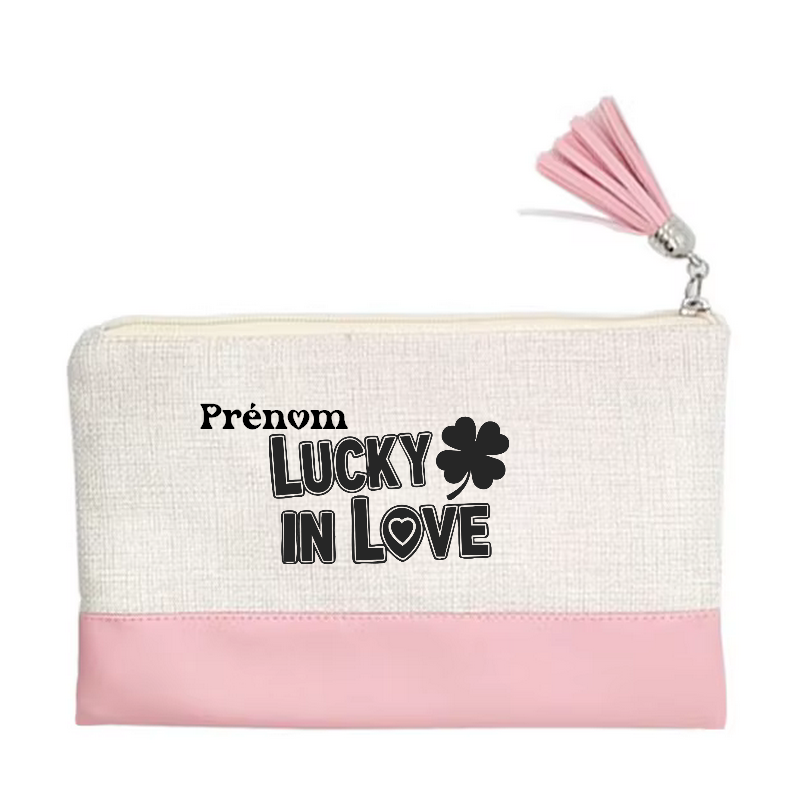Pochette personnalisée motif love luck en toile et simili cuir personnalisée