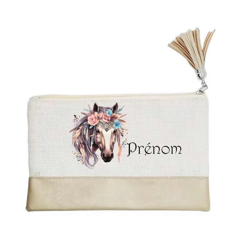 Pochette personnalisée motif cheval boho en toile et simili cuir personnalisée