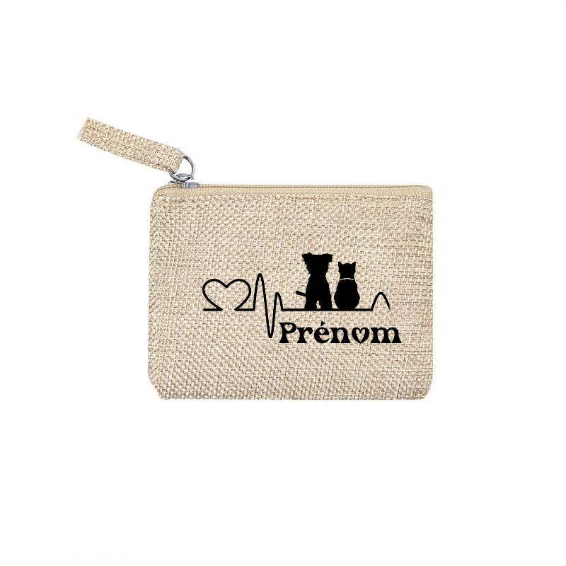 Pochette personnalisée motif chat et chien love en toile et simili cuir personnalisée