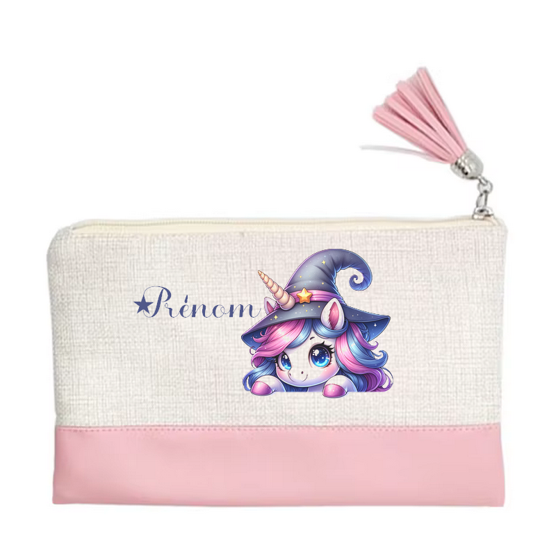 Pochette personnalisée motif licorne magic en toile et simili cuir personnalisée