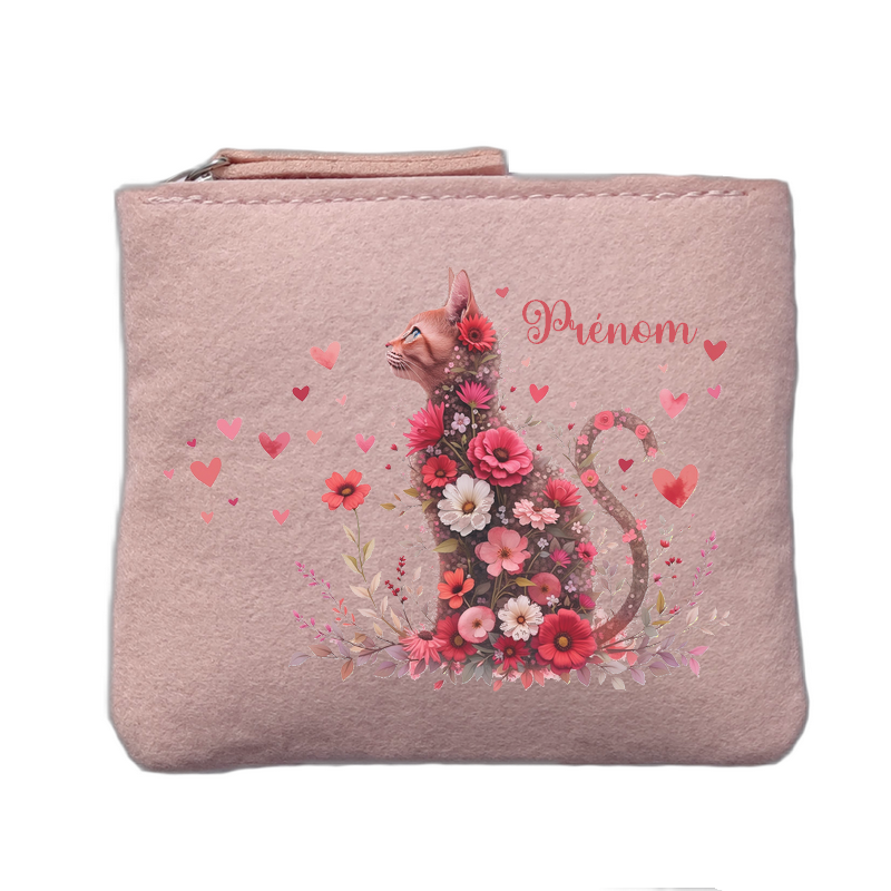 Porte monnaie personnalisé motif chat fleur rose clair en feutrine en feutrine