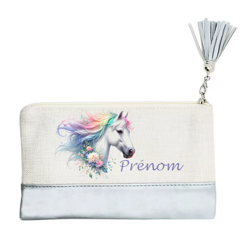 Pochette personnalisée motif cheval fleur en toile et simili cuir personnalisée