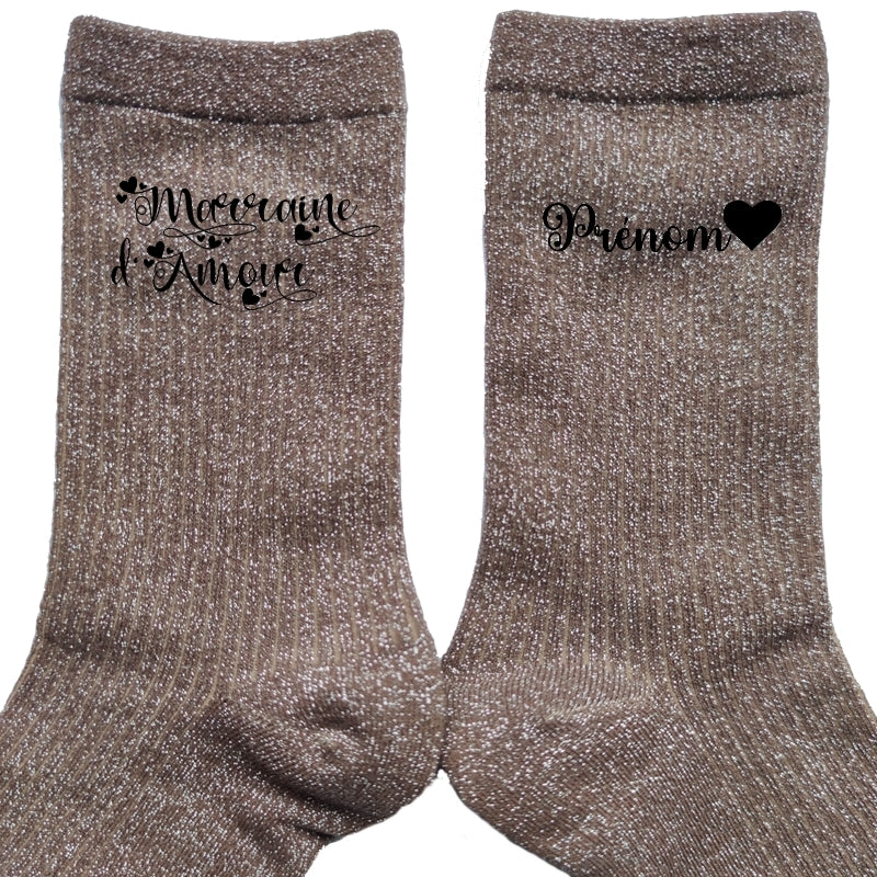 Chaussettes personnalisée paillettes bronze motif marraine d'amour