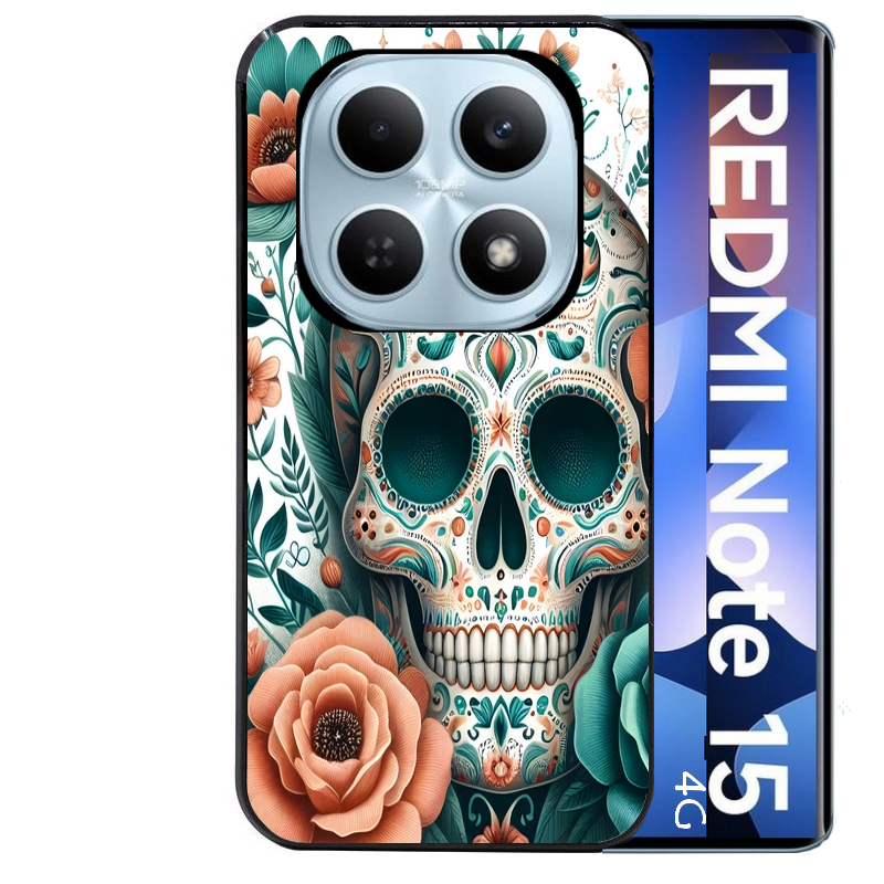 Coque noire taperso pour Redmi Note 15 et PRO PLUS 4G 5G avec motif mort mexicaine turquoise protection antichoc personnalisée