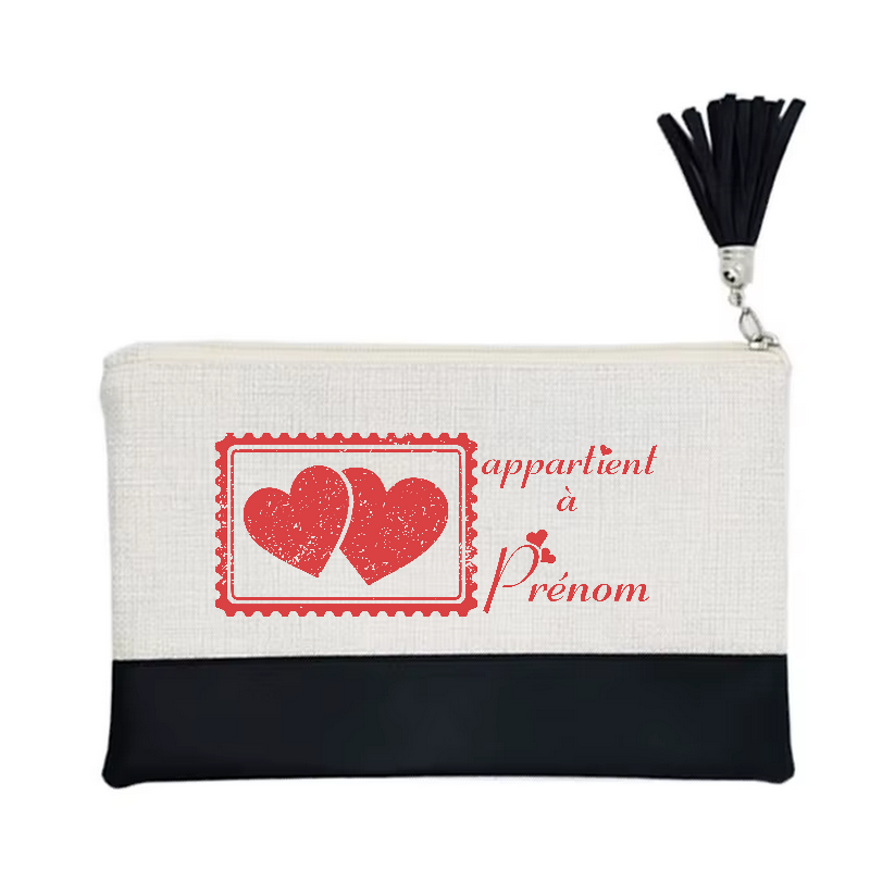 Pochette personnalisée motif cœur love en toile et simili cuir personnalisée