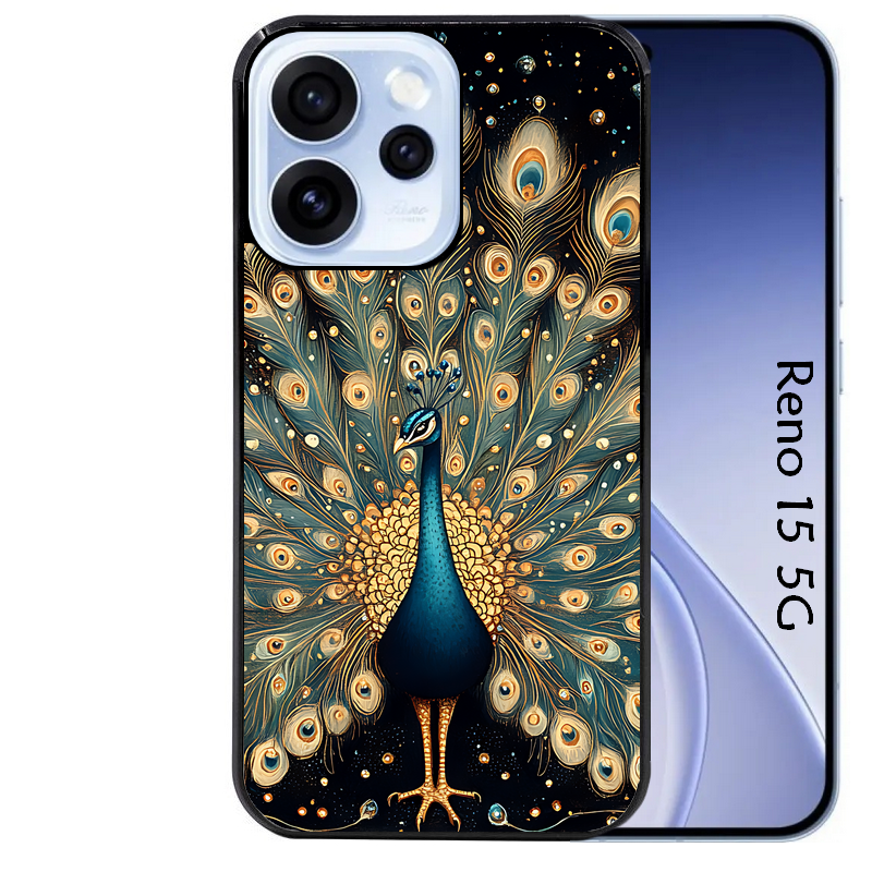 Coque noire taperso pour OPPO Reno 15 et F FS 5G avec motif paon mandala protection antichoc personnalisée