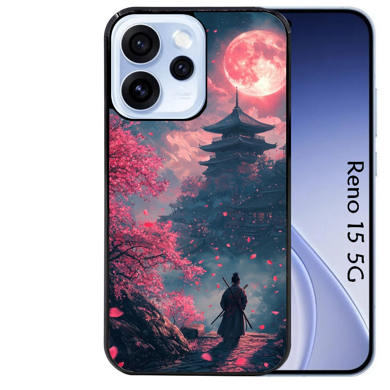 Coque noire taperso pour OPPO Reno 15 et F FS 5G avec motif samourai cerisier protection antichoc personnalisée