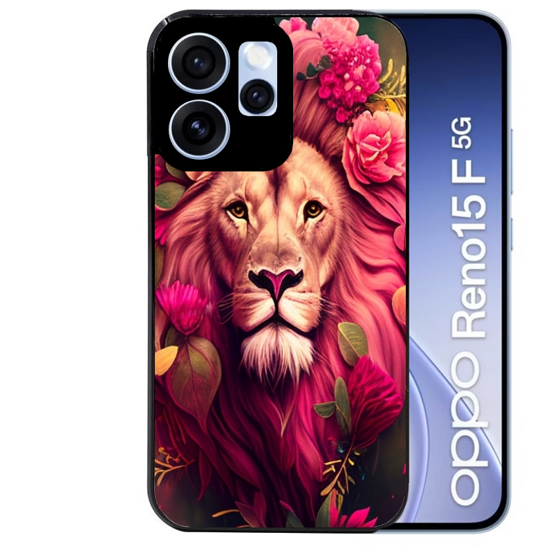 Coque noire taperso pour OPPO Reno 15 et F FS 5G avec motif lion et fleurs rose protection antichoc personnalisée