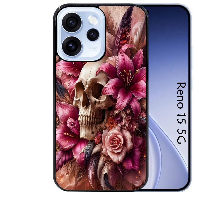 Coque noire taperso pour OPPO Reno 15 et F FS 5G avec motif tete de mort skull plume protection antichoc personnalisée