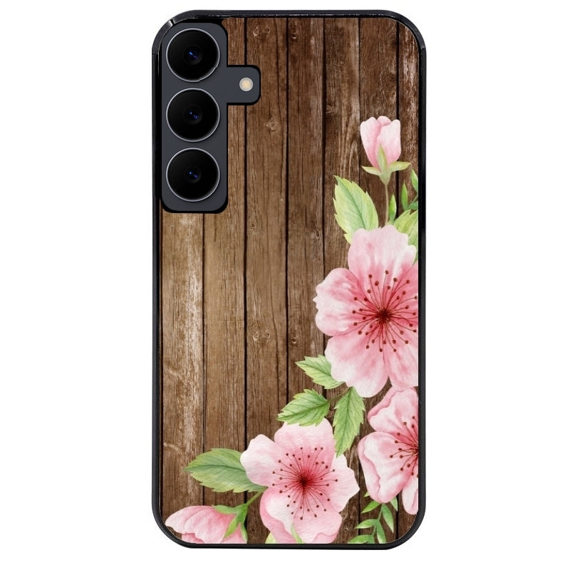 Coque noire taperso pour galaxy S25 et PLUS ULTRA FE EDGE avec motif bois avec fleur rose protection antichoc personnalisée