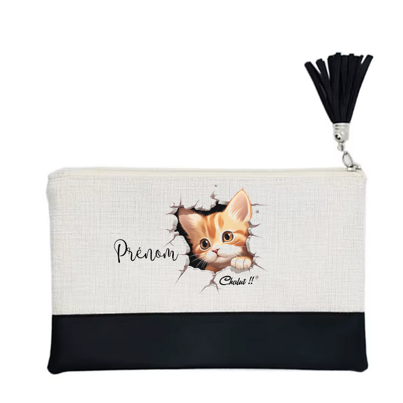 Pochette personnalisée motif chat chalut en toile et simili cuir personnalisée