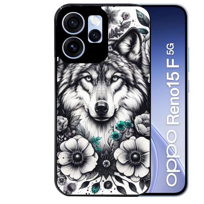 Coque noire taperso pour OPPO Reno 15 et F FS 5G avec motif loup et fleur protection antichoc personnalisée