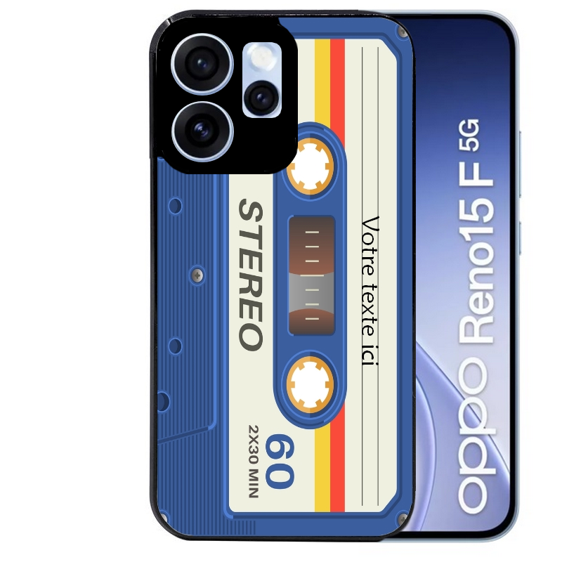 Coque noire taperso pour OPPO Reno 15 et F FS 5G personnalisable avec motif cassette bleu protection antichoc personnalisée
