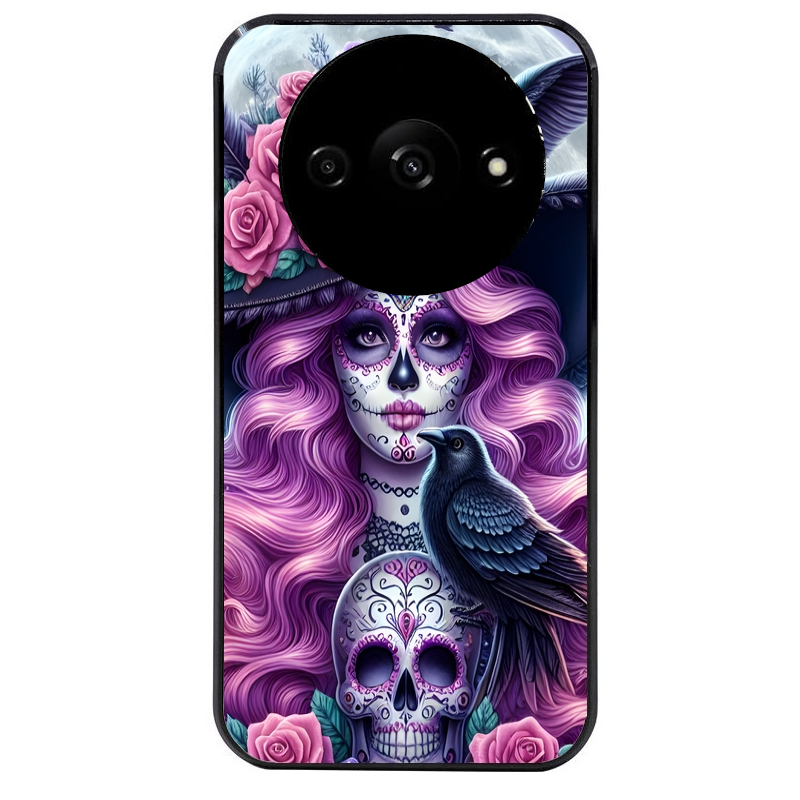 Coque noire taperso pour Redmi A3 avec motif tete de mort calavera et corbeau protection antichoc personnalisée