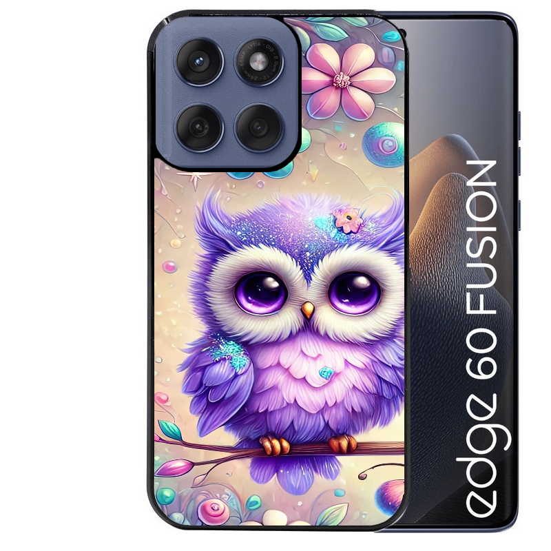 Coque noire taperso pour Moto Edge 60 et Neo Fusion Pro avec motif chouette violette protection antichoc personnalisée