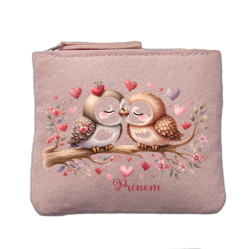 Porte monnaie personnalisé motif chouette love rose clair en feutrine en feutrine