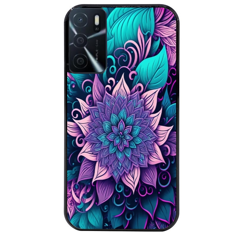 Coque noire taperso pour OPPO A16 et A16S avec motif tropical mandala et fleur violet protection antichoc personnalisée