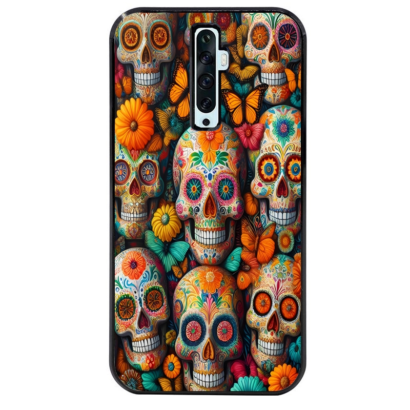 Coque noire taperso pour OPPO Reno 2 et 2Z avec motif mort mexicaine papillon protection antichoc personnalisée