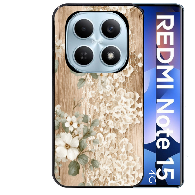 Coque noire taperso pour Redmi Note 15 et PRO PLUS 4G 5G avec motif bois et dentelle 1 protection antichoc personnalisée