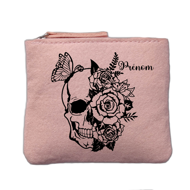 Porte monnaie personnalisé motif mort papillon fleur rose clair en feutrine en feutrine