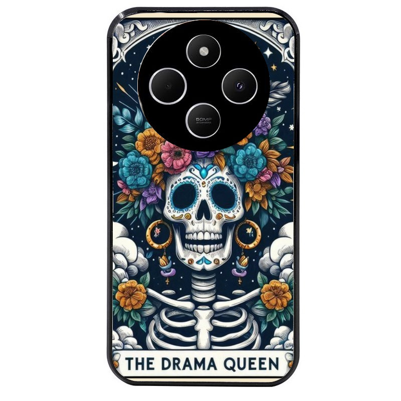 Coque noire taperso pour POCO C75 avec motif tete de mort drama queen protection antichoc personnalisée