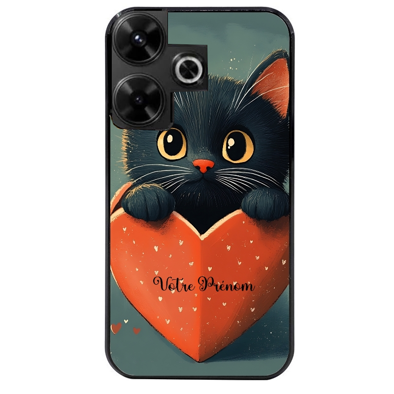 Coque noire taperso pour POCO M6 4G avec motif chat et coeur avec prenom protection antichoc personnalisée