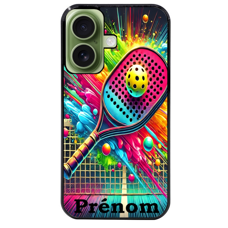 Coque noire taperso pour Iphone 16 16E PLUS MAX PRO avec motif padel raquette personnalisee protection antichoc personnalisée
