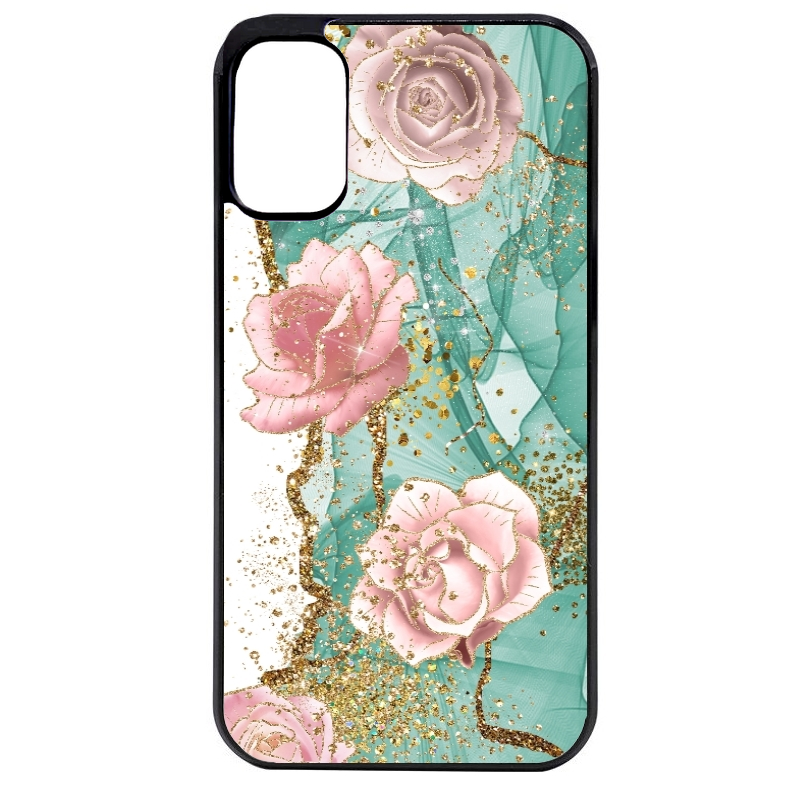 Coque noire taperso pour Moto E13 E14 E15 avec motif marbre fleur turquoise protection antichoc personnalisée