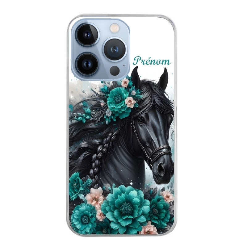 Coque taperso pour Iphone 13 et PRO MINI PRO MAX avec motif cheval et fleurs personnalisee protection antichoc personnalisée