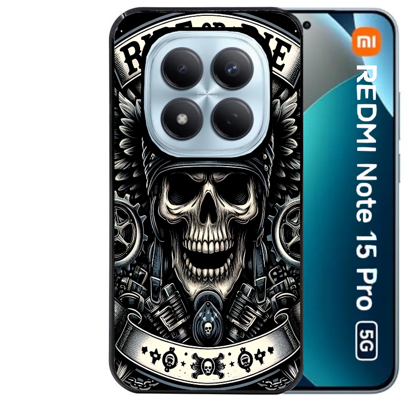 Coque noire taperso pour Redmi Note 15 et PRO PLUS 4G 5G avec motif mort motard protection antichoc personnalisée