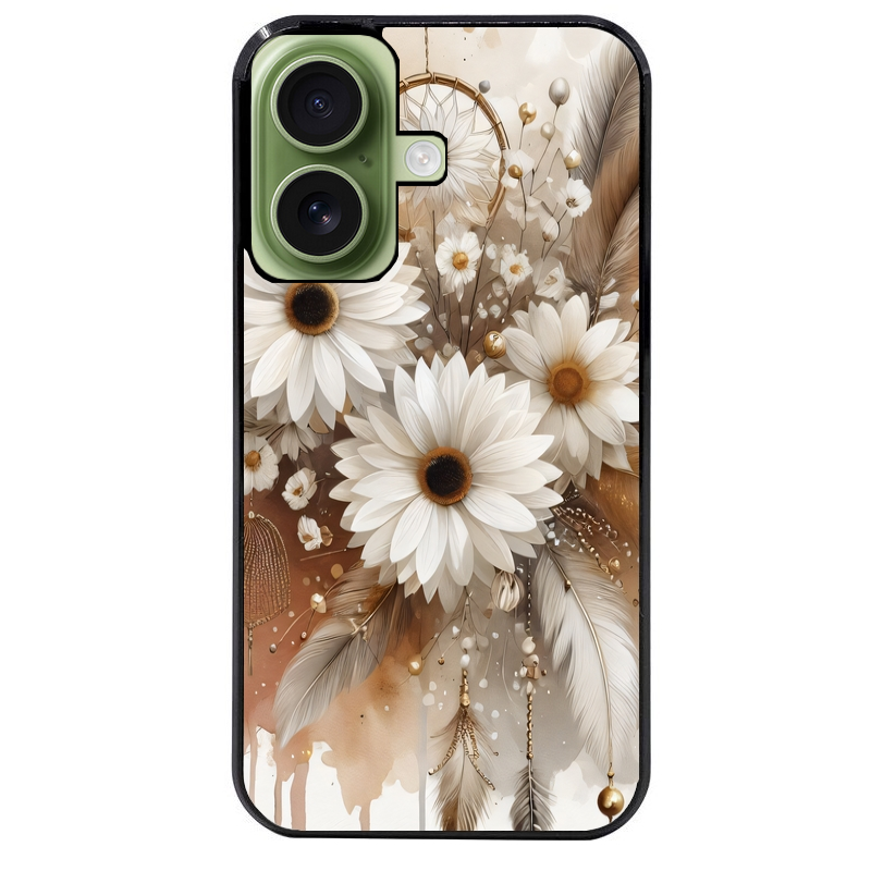 Coque noire taperso pour Iphone 16 16E PLUS MAX PRO avec motif dreamcatcher marguerite protection antichoc personnalisée